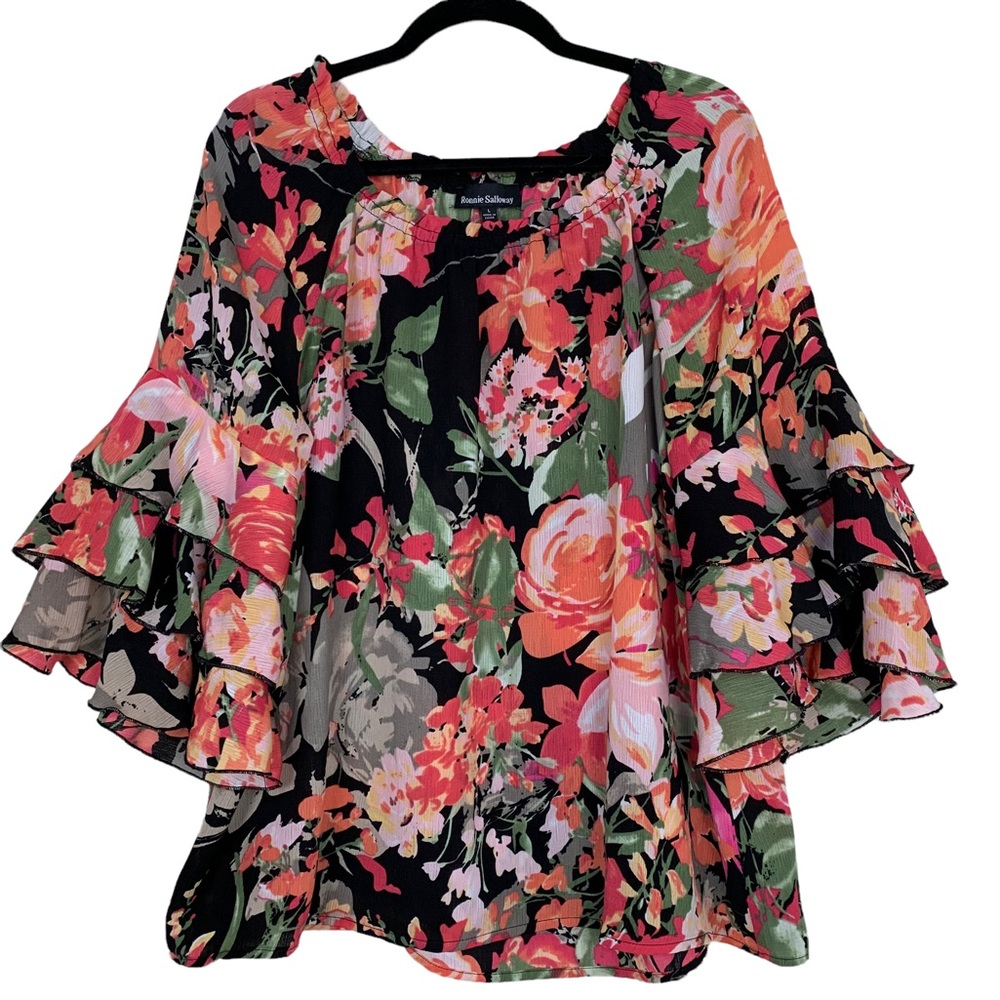 Ronnie Salloway Bright Floral Layered Cropped Bell Sleeve Blouse Top Large